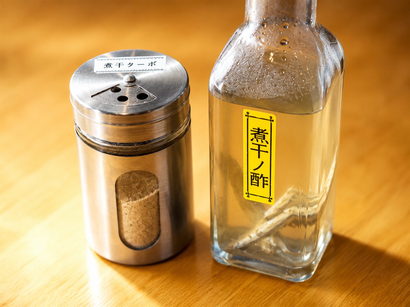 卓上に置かれた煮干ノ酢と煮干ターボ